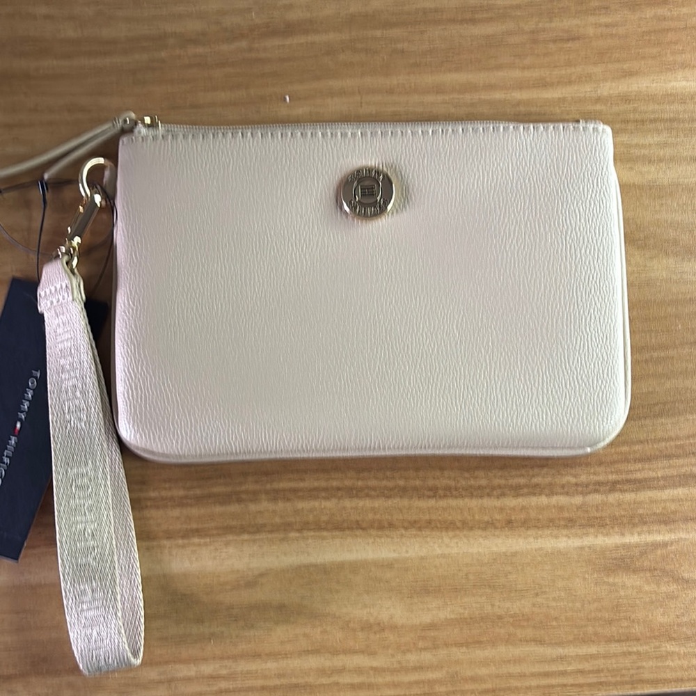 Tommy Hilfiger Cream Wristlet with Pebbled Texture